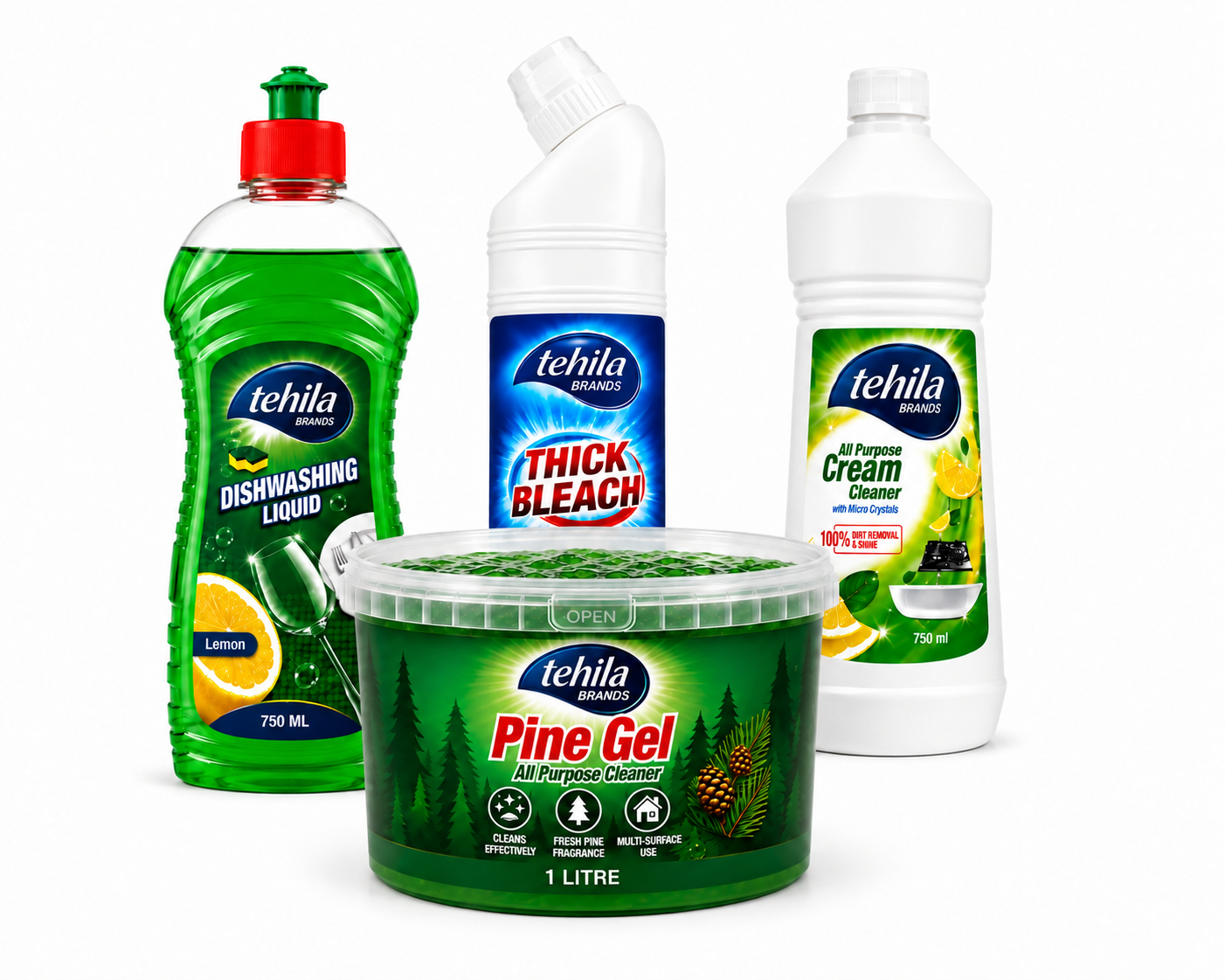 Tehila Brands Dishwashing Liquid, Thick Bleach, All Purpose Cream Cleaner and Pine Gel